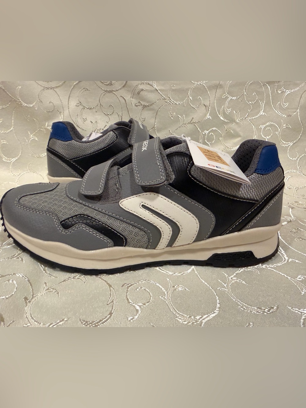 Geox Kids Pavel Gray and White Velcro Sneakers NWT